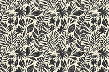 Poster - Toile pattern tapestry. Linocut print. Monochrome botanical pattern background. Created with Generative AI technology.