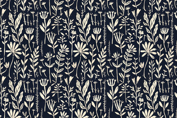 Poster - Toile pattern tapestry. Linocut print. Monochrome botanical pattern background. Created with Generative AI technology.