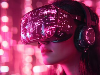 Poster - Exploring virtual realities person in cyberpunk environment futuristic cityscape digital art immersive experience