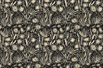 Poster - Toile pattern tapestry. Linocut print. Monochrome botanical pattern background. Created with Generative AI technology.