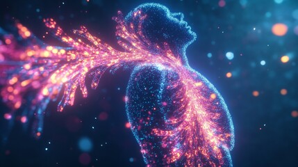 Poster - Abstract digital art of a human figure with luminous particles, representing concepts of energy, spirit, and the connection between body and nature in vivid colors.