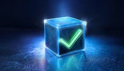 Poster - A glowing blue cube with a green checkmark, symbolizing confirmation or approval in a digital environment.