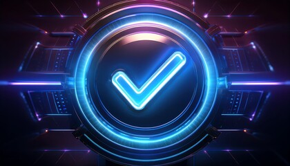 Poster - A vibrant, futuristic checkmark icon illuminated in blue light, set against a high-tech, abstract background.