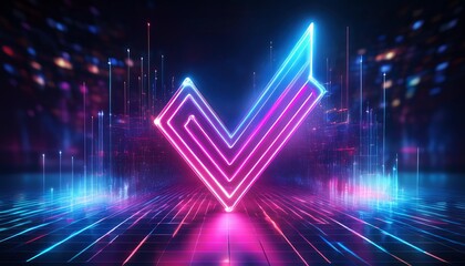 Poster - A vibrant, modern graphic featuring a neon checkmark illuminated by colorful lights, symbolizing approval and technology.