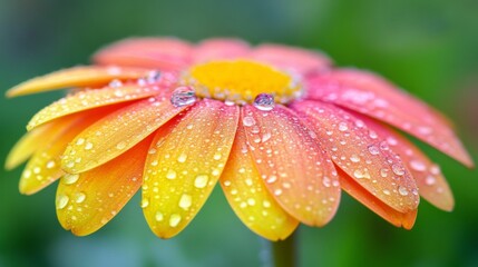 Poster - Beautiful close-up of a vibrant orange and yellow flower with water droplets on the petals, showcasing nature's stunning details in a lush green environment.
