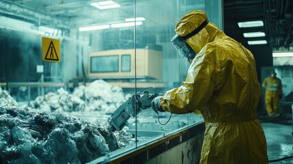 Poster - robotic arm handling radioactive waste at industrial facility safety protocols in hazardous environment futuristic technology close-up view