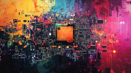 Poster - Abstract Digital Artwork with Vibrant Colors, Circuit Board Elements, and Central Processor on Technological Background for Modern Design Projects