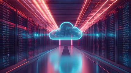 Poster - A neon lighted cloud is suspended in a long, dark tunnel
