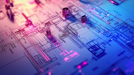 Poster - Abstract Technology Blueprint with Neon Lights and Circuit Patterns for Innovative Design and Digital Backgrounds