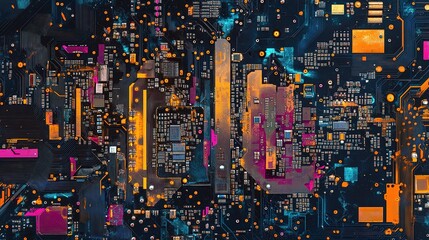 Poster - Abstract Technology Background Featuring Colorful Circuit Board and Microchip Design Ideal for Digital and Technology Themes, Modern Art, and Innovation