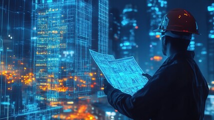 Poster - Construction Engineer Reviewing Architectural Plans in a Futuristic Urban Environment with High-Tech Digital Overlay and Cityscape Background at Night