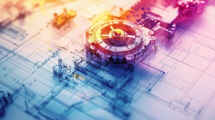Poster - Intricate Architectural Blueprint Design Featuring Modern Industrial Elements with Abstract Color Gradients and Technical Details