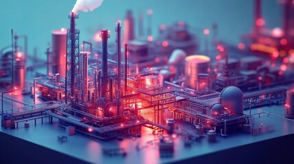 Sticker - Detailed and Vibrant Representation of an Industrial Complex with Towering Structures, Pipes, and Machinery Under a Futuristic Glow