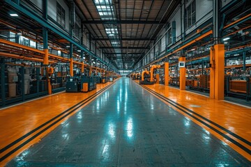 Poster - Innovative robotic arms automating production futuristic factory floor industrial environment wide-angle view advanced technology