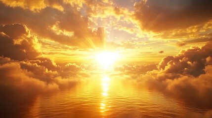 dramatic sunset over the sea with rays of golden light and clouds symbolizing hope and faith