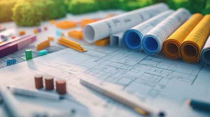 Poster - Architectural Building Plans with Design Roll and Tools Spread on Table Under Natural Light in Outdoor Environment