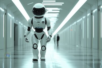 Poster - Human interacting with humanoid robot in a futuristic corridor sci-fi digital art high-tech environment from a low angle view for immersive experience