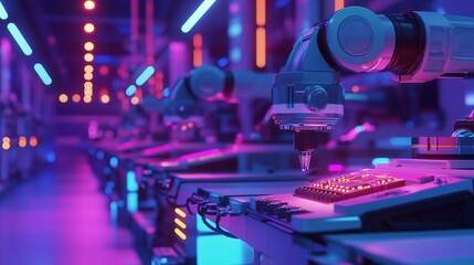 Poster - Futuristic Industrial Robots in Neon-Lit Factory Setting with Precision Tools and Advanced Technology for Automation and Innovation