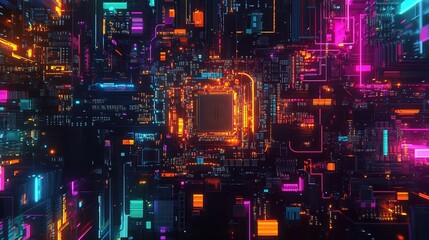 Poster - Abstract Digital Circuitry with Vibrant Colors and Neon Lights, Futuristic Technology Background, High-Tech Concept for Innovation and Connectivity