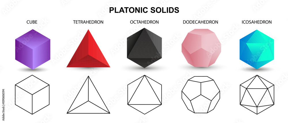 Set of colorful vector editable 3D platonic solids isolated on white ...