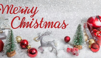 Wall Mural - Merry Christmas text design and Minimal typography with Sliver background with Ball ornaments, Shatterproof tree ornaments, Icicle ornaments, Candy canes, Festive bows.