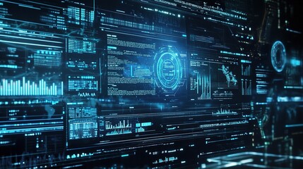 Poster - Futuristic Digital Interface with Graphical Data Visualizations in a High-Tech Environment for Technology and Science Backgrounds