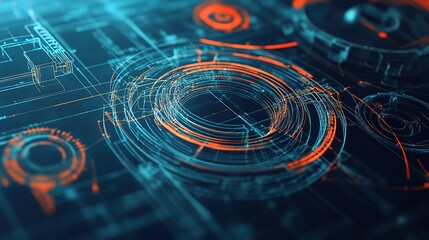 Poster - Abstract Digital Blueprint with Circular Elements and Futuristic Lines Representing Technical Design and High-Tech Innovation