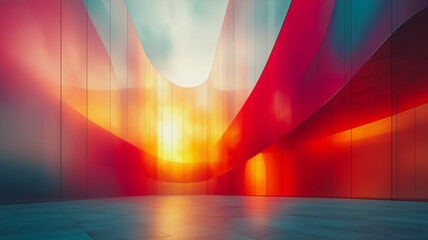 Poster - A large red and orange building with a sun shining through the windows