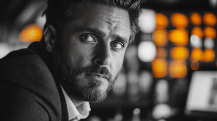 Poster - A man with a beard and glasses is looking at the camera. He is wearing a suit and tie