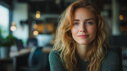 Poster - A woman with long red hair is smiling at the camera. She is wearing a green sweater and is sitting at a table