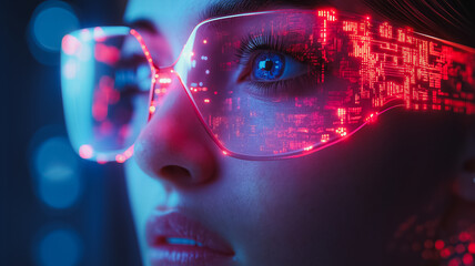 Poster - A woman wearing a pair of red glasses with blue eyes staring at the camera. The glasses are glowing and the woman's eyes are blue. The image conveys a futuristic and technological vibe
