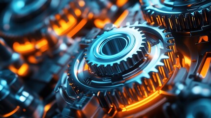 Poster - Close-Up of Intricate Metallic Gears with Illuminated Blue and Orange Accents in a Modern Industrial Setting