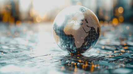 Poster - A globe is sitting on a computer keyboard. The globe is surrounded by a lot of lights, which gives the image a futuristic and technological vibe