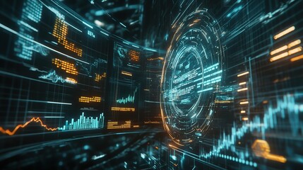 Poster - Futuristic Digital Interface with Data Visualization, Interactive Graphs, and Abstract Technology Background for Cybersecurity and Analytics Applications