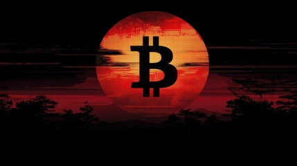 Poster - Vibrant Bitcoin Symbol Against a Striking Red Sunset with Silhouetted Trees, Capturing the Essence of Digital Currency in Modern Technology Landscape