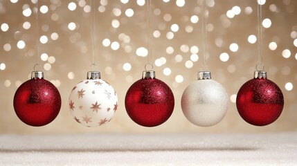 Wall Mural - Sparkling christmas ornaments hanging on string, festive holiday decoration 