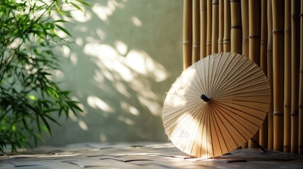 Poster - Tranquil Asian Setting with Bamboo, Greenery, and a Traditional Paper Umbrella Creating a Serene Atmosphere for Relaxation and Meditation in Natural Light