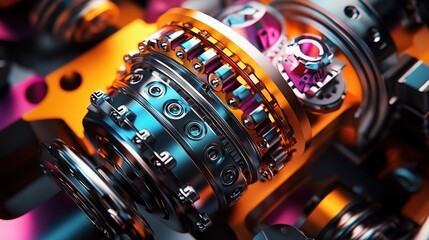 Poster - Vibrant Close-Up of Intricate Engine Component with Metallic Gears and Bright Colors Enhancing Industrial Design and Mechanical Precision in a Modern Context