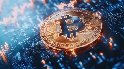 Poster - Bitcoin Cryptocurrency Coin on Digital Background with Trading Charts and Data Visualization Illustrating Cryptocurrency Market Trends and Investment Opportunities