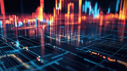 Poster - Abstract digital background with vibrant glowing lines and charts representing data analysis in a futuristic environment with a focus on technology and innovation.