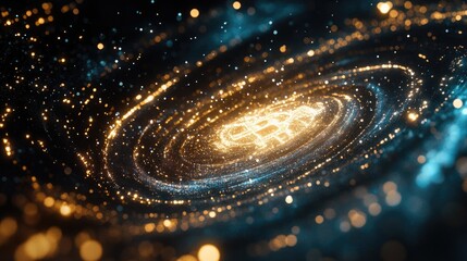 Poster - Abstract digital space with glowing particles and circular patterns representing cryptocurrency, blockchain technology, and futuristic finance concepts in a cosmic environment.