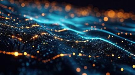 Poster - Abstract visualization of glowing particles flowing in wave-like patterns, representing dynamic energy fields and digital transformations in a futuristic environment