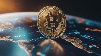 Poster - Golden Bitcoin Coin Standing on Digital Globe Showing Cryptocurrency Technology, Future Finance, Blockchain Innovation and Global Investment Opportunities in Finance World