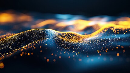 Poster - Abstract Flowing Landscape of Glowing Particles in a Stunning Digital Environment with Soft Light and Motion, Ideal for Technology and Design Themes