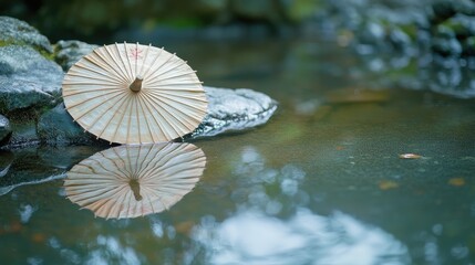 Poster - Tranquil Japanese Garden Scene Featuring Bamboo Umbrella Reflecting on Serene Water Surface Surrounded by Nature's Beauty and Peaceful Atmosphere