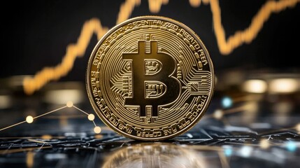 Poster - Close-up of a shiny Bitcoin cryptocurrency coin standing out against a dark background with a digital financial graph showcasing an upward trend in value