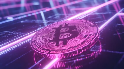 Poster - Futuristic Digital Bitcoin Coin Surrounded by Neon Lights and Abstract Patterns, Representing Cryptocurrency Technology and Financial Innovation