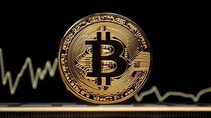 Poster - Shiny Bitcoin Coin Against Dark Background with Rising Financial Graph Illustrating Cryptocurrency Market Trends and Investment Opportunities