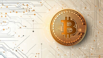 Poster - Golden Bitcoin Coin on Digital Circuit Background Representing Cryptocurrency Technology and Financial Innovation in the Modern Digital World
