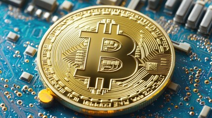 Poster - Golden Bitcoin Coin on Circuit Board Reflecting Digital Currency, Technology, and Blockchain Innovations in a Modern Financial Landscape